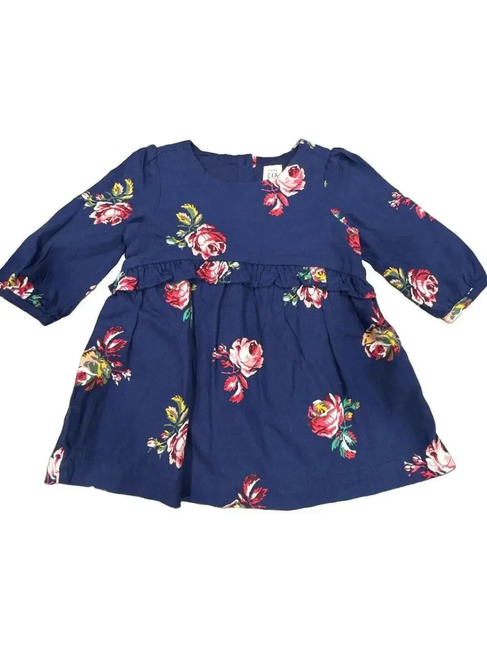 Baby Gap 12-18M Navy Blue Floral Dress Long Sleeve Ruffle Waist Rose EUC